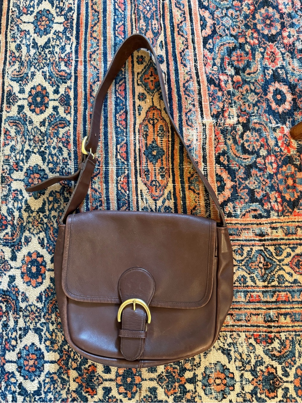 Vintage Coach Brown Leather Flap Shoulder Bag with Gold Buckle
